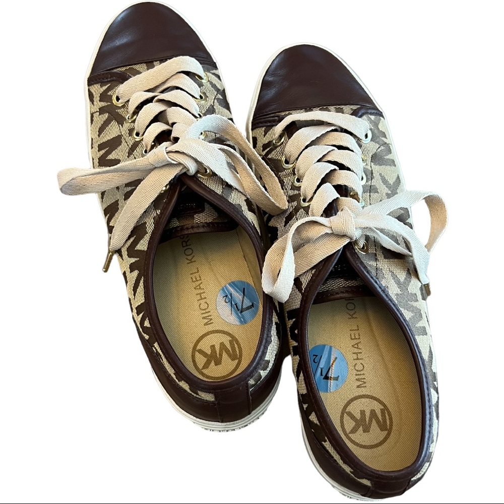 Like New Michael Kors Leather & Canvas Sneakers MK Logo Brown & Tan Size 7.5 - Picture 7 of 12